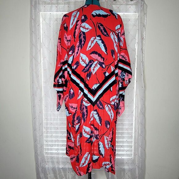 Express Red Hawaiian Flower Floral Maxi Kimono Duster Topper One Size NWT - Picture 2 of 8